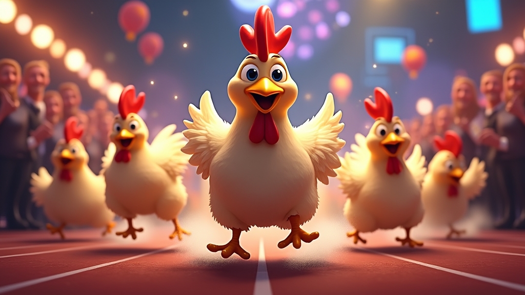 Chickens racing in a colorful casino setting.