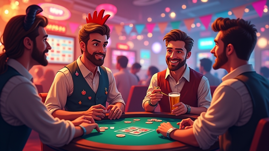 Vibrant casino scene with social player interaction celebrating winnings.