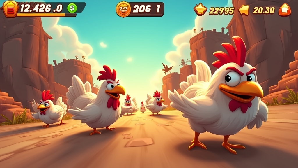 Intense Chicken Rush screen with leaderboard and bonuses.