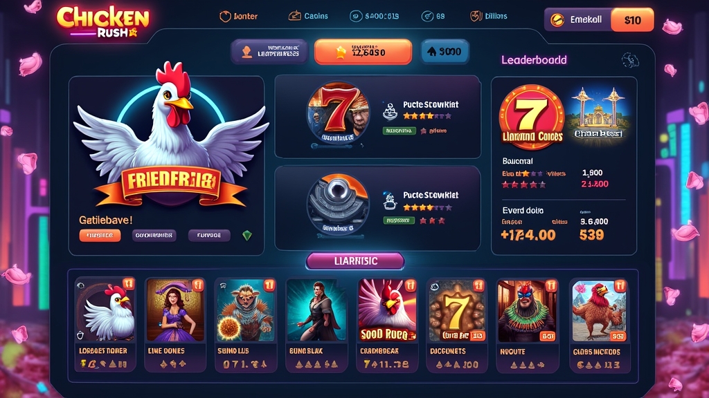 Futuristic casino dashboard showcasing Chicken Rush features.